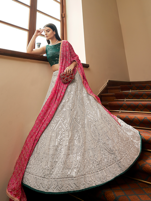 Rajwada Women White Georgette Semi Stitched Lehenga With Unstitched Blouse