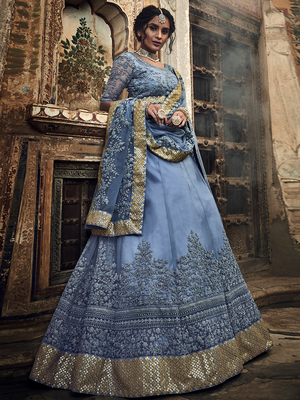 Rajwada Women Grey Embroidered Soft Net Semi Stitched Lehenga With Unstitched Blouse