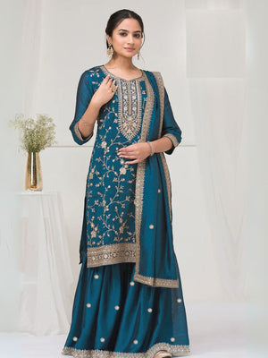 Rajwada Teal Blue Silk Blend Embroidered Semi-Stitched Kurta Set For Women