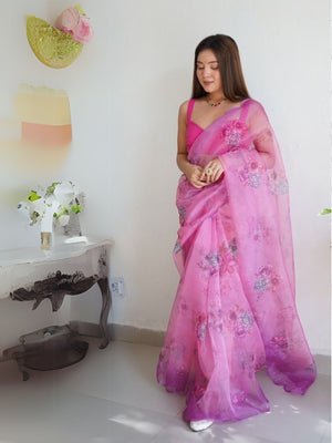 Rajwada Pink Organza Printed Saree With Unstitched Blouse For Women