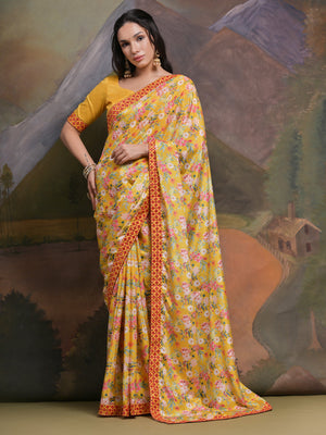 Rajwada Yellow Printed Chiffon Saree With Unstitched Blouse For Women