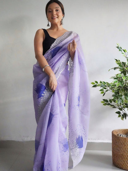 Rajwada Light Purple Organza Printed Saree With Unstitched Blouse For Women