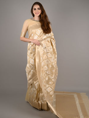 Off White Linen Woven Saree With Unstitched Blouse