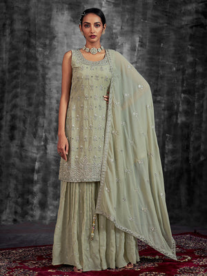 Rajwada Women Green Embroidered Partywear Stitched Kurta Set