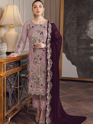 Rajwada Women Purple Embroidered Georgette Semi Stitched Salwar Suit