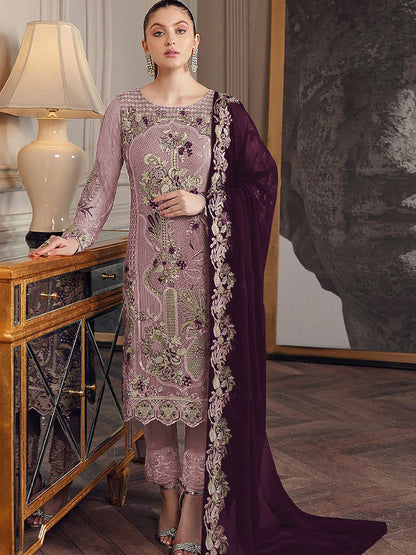 Rajwada Women Purple Embroidered Georgette Semi Stitched Salwar Suit