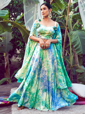 Rajwada - Sea Green and Blue Stitched Lehenga