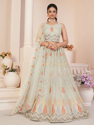 Rajwada White Georgette Embroidered Semi Stitched Lehenga With Unstitched Blouse for Women