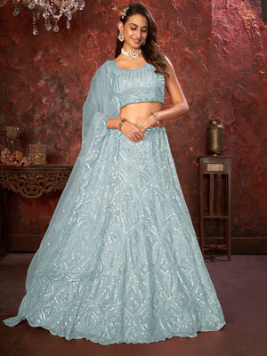 Rajwada Sky Blue Net Embellished Semi Stitched Lehenga With Unstitched Blouse for Women