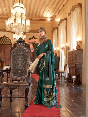 Rajwada Green Silk Blend Woven Saree With Unstitched Blouse For Women