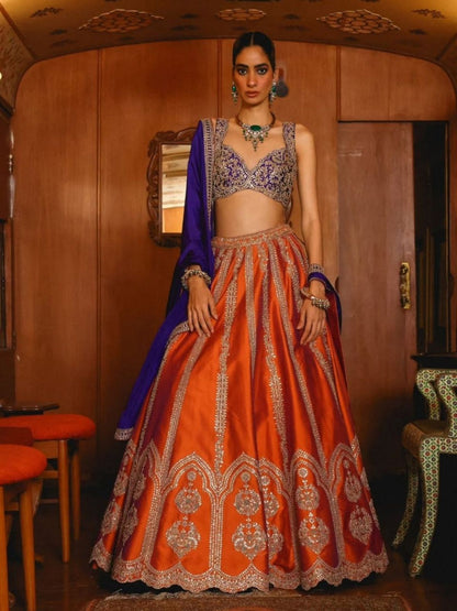 Rajwada Orange Silk Blend Embellished Semi Stitched Lehenga For Women