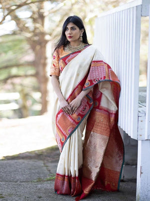 Rajwada Off White Silk Blend Woven Saree For Women