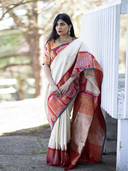 Rajwada Off White Silk Blend Woven Saree For Women