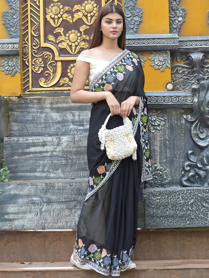 Rajwada Black Embroidered Georgette Saree with Unstitched Blouse for Women