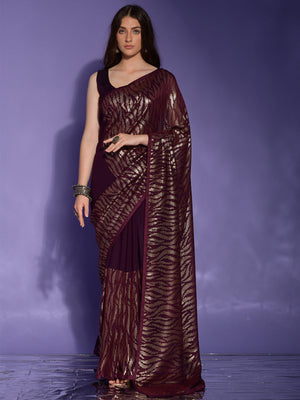 Rajwada Wine Embellished Georgette Saree With Unstitched Blouse For Women