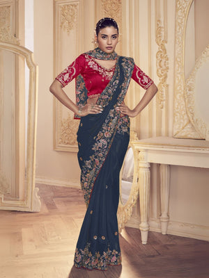 Rajwada Navy Blue Satin Embroidered Elegant Saree For Women