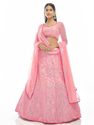 Rajwada Women Pink Embroidered Georgette Semi Stitched Lehenga With Unstitched Blouse