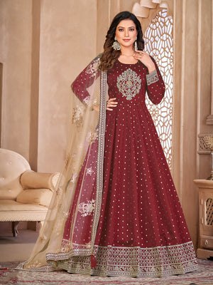 Rajwada Maroon Tafeta Embroidered Semi stitched Kurta Set For Women