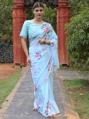 Rajwada Sea Blue Floral Printed Embroidered Soft Organza Saree with Unstitched Blouse for Women
