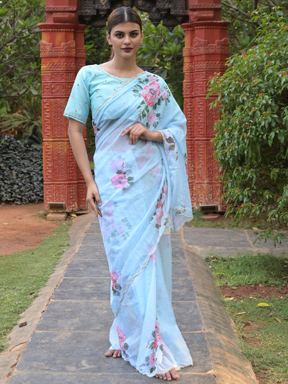 Rajwada Sea Blue Floral Printed Embroidered Soft Organza Saree with Unstitched Blouse for Women