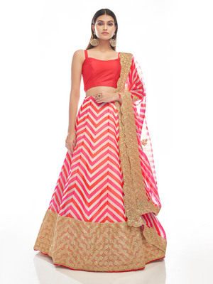 Rajwada Women Pink Embroidered Organza Semi Stitched Lehenga With Unstitched Blouse
