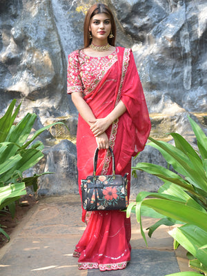Rajwada Red Sequins Embroidered Satin Rangoli Saree with Stitched Blouse for Women
