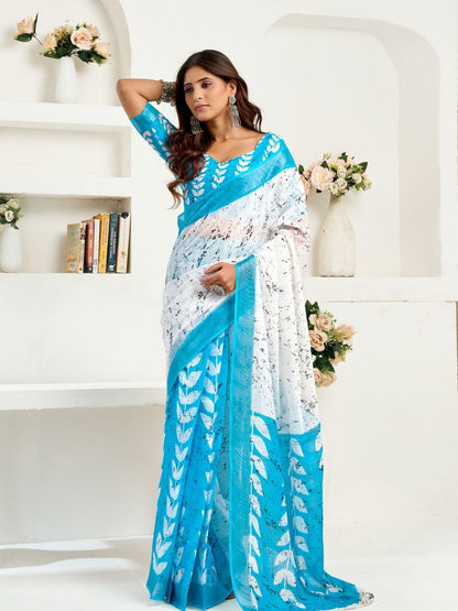 Rajwada Sky Blue Cotton Linen Zari Work Saree For Women