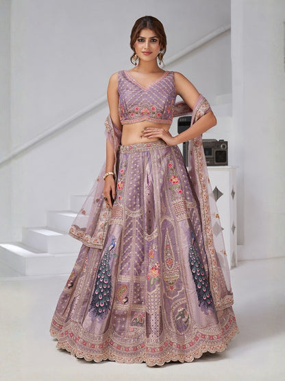 Rajwada Lavender Silk Blend Embroidered Semi-Stitched Lehenga For Women