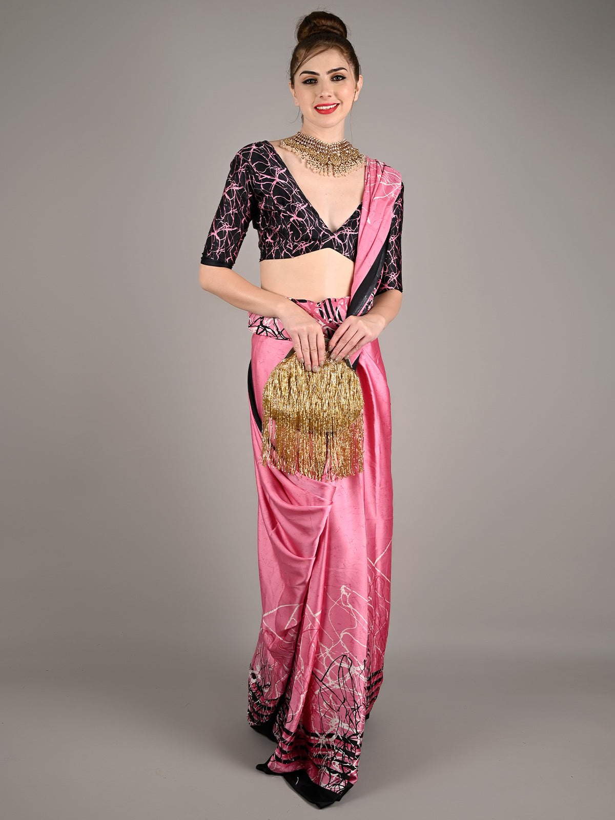 Pink Satin Crepe Digital Print Saree With Unstitched Blouse