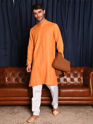 Rajwada Mustard Solid Cotton Polyester Kurta Set For Men