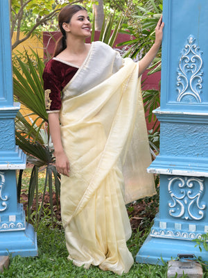 Rajwada Cream Lace Embroidered Crush Tissue Silk Saree with Unstitched Blouse for Women