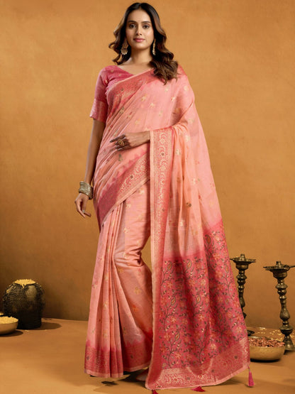 Rajwada Light Peach Cotton Blend Solid Saree For Women