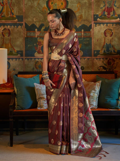 Rajwada Brown Silk Blend Woven Saree With Unstitched Blouse for Women