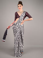 White Satin Crepe Printed Saree With Unstitched Blouse
