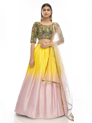 Rajwada Women Multicolored Embroidered Velvet Semi Stitched Lehenga With Unstitched Blouse