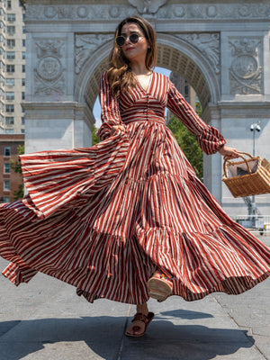 Rajwada Brown Rayon Stitched Stripes Indo Western Dresses For Women