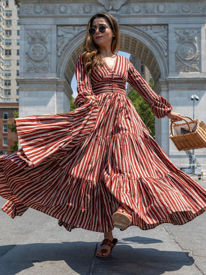 Rajwada Brown Rayon Stitched Stripes Indo Western Dresses For Women