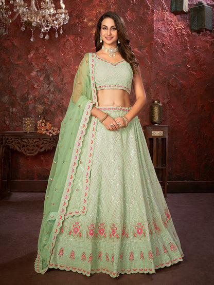 Rajwada Green Georgette Embellished Semi Stitched Lehenga With Unstitched Blouse for Women