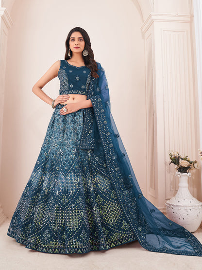 Rajwada Blue Net Embroidered Semi Stitched Lehenga With Unstitched Blouse for Women