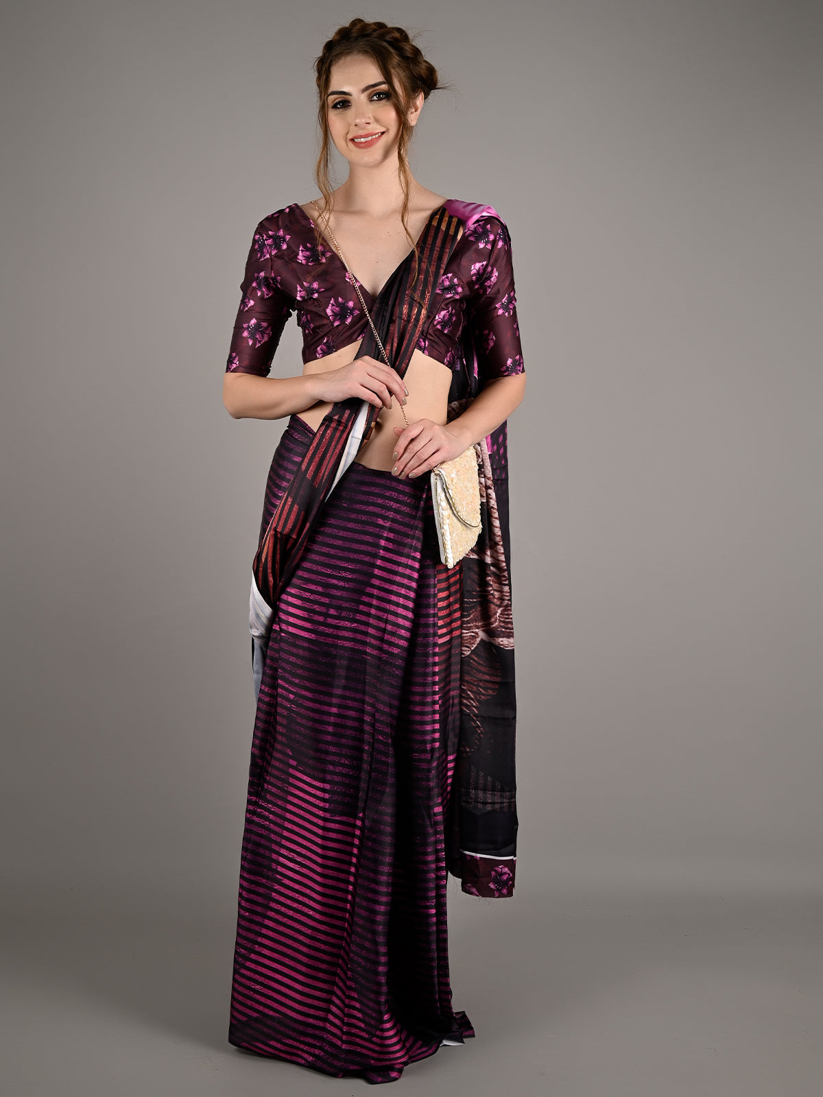 Multicolor Silk Blend Digital Floral Print Saree With Unstitched Blouse