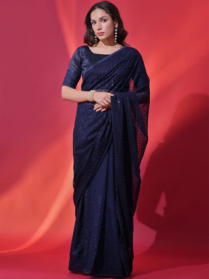Rajwada Blue Embellished Georgette Saree With Unstitched Blouse For Women