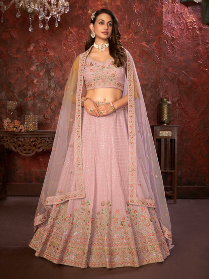Rajwada Pink Georgette Embellished Semi Stitched Lehenga With Unstitched Blouse for Women
