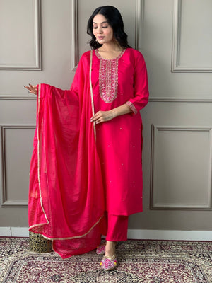 Rajwada Pink Viscose chanderi Embroidered Stitched Kurta Set For Women
