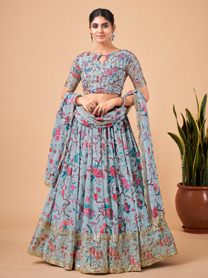 Rajwada Women Light Blue Printed And Embroidered Semi Stitched Lehenga With Unstitched Blouse