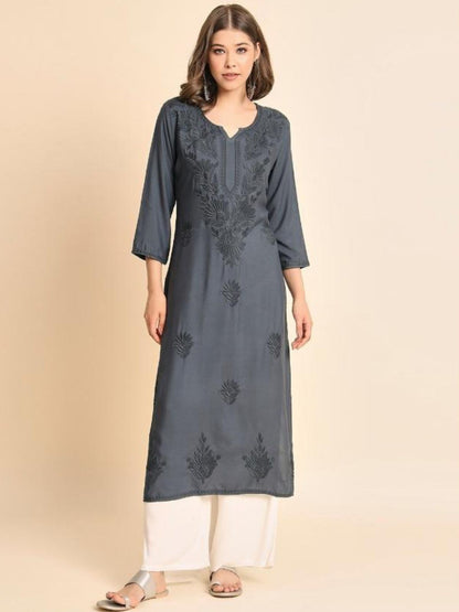 Rajwada Grey Rayon Embroidered Kurti For Women