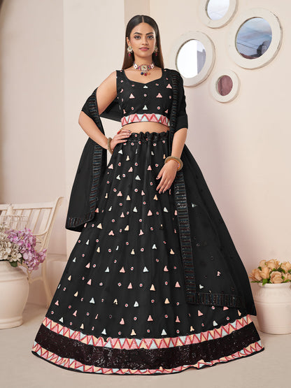 Rajwada Black Net Embellished Semi Stitched Lehenga With Unstitched Blouse for Women