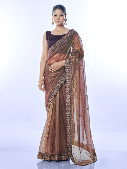 Rajwada Brown Embellished Net Saree With Unstitched Blouse For Women