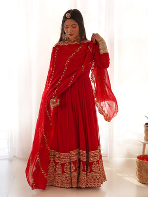 Rajwada Red Georgette Embroidered Stitched Gown For women