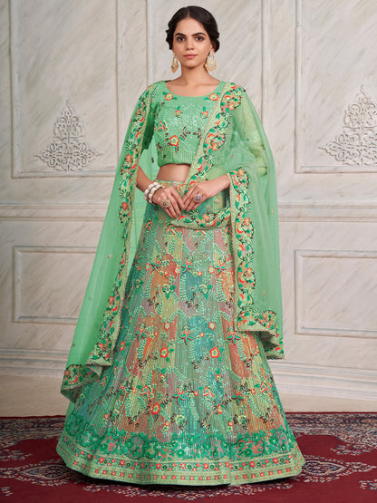 Rajwada Green Net Embroidered Semi Stitched Lehenga With Unstitched Blouse for Women