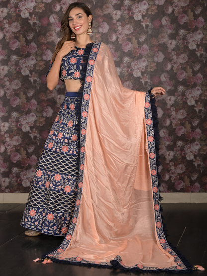 Rajwada Dark Blue Zari Embroidered Silk Blend Semi-Stitched Lehenga with Stitched Blouse for Women